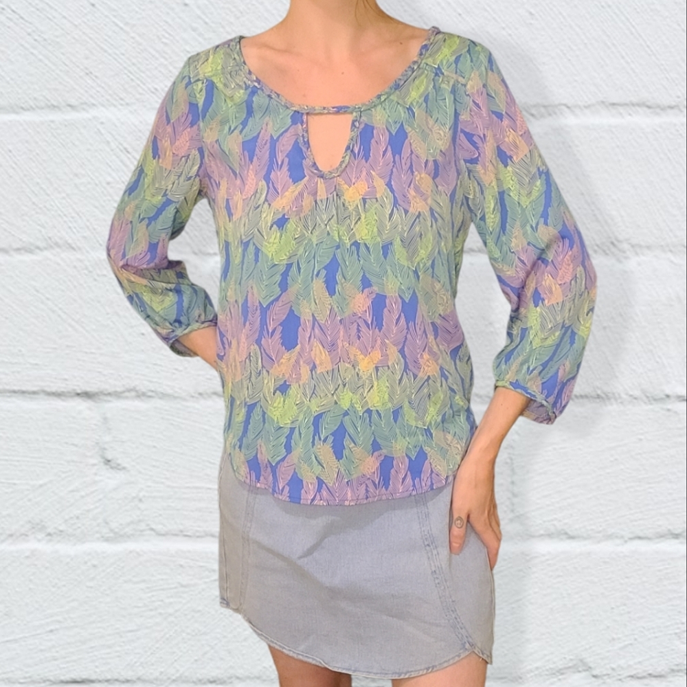 AEO Boho Peasant Feather Print Top 3/4 Sleeve Sz M